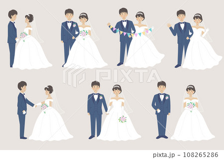 ウェディングドレス、タキシード、新郎新婦、全身、結婚式イラストバリエーションセット 108265286