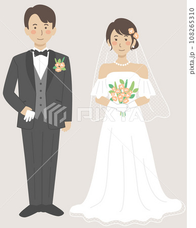 結婚式イラスト、正面を向いて並ぶ新郎新婦 108265310