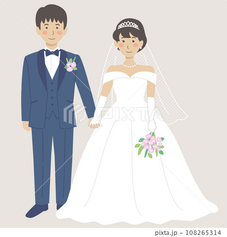 結婚式イラスト、手をつなぐ新郎新婦 108265314