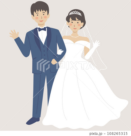 結婚式イラスト、手を挙げる新郎新婦 108265315