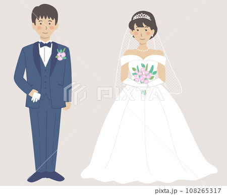 結婚式イラスト、正面を向いて並ぶ新郎新婦 108265317