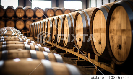 Wooden oak Port barrels in neat rows Wooden oak Port barrels in neat rows 108265415