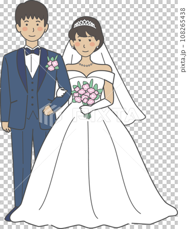 結婚式イラスト、腕を組んで正面を向く新郎新婦 108265438