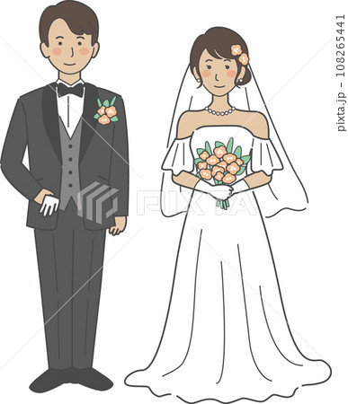 結婚式イラスト、正面を向いて並ぶ新郎新婦 結婚式イラスト、正面を向いて並ぶ新郎新婦 108265441
