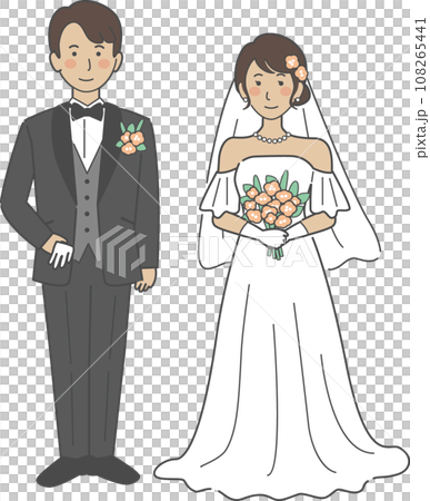 結婚式イラスト、正面を向いて並ぶ新郎新婦 結婚式イラスト、正面を向いて並ぶ新郎新婦 108265441