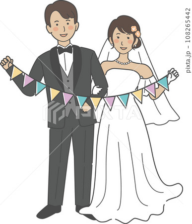 結婚式イラスト、ガーランドを持つ新郎新婦 108265442