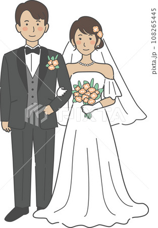 結婚式イラスト、腕を組んで正面を向く新郎新婦 108265445