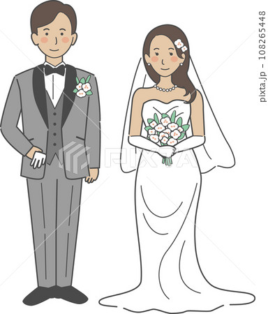 結婚式イラスト、正面を向いて並ぶ新郎新婦 108265448