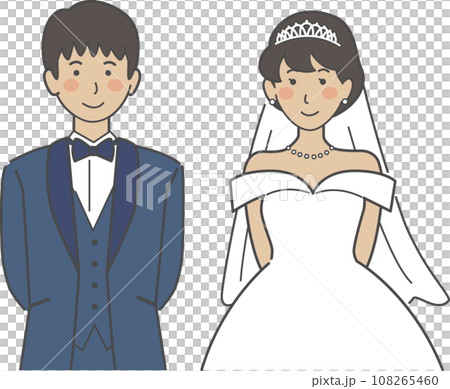 結婚式イラスト、後ろで腕を組む新郎新婦 108265460