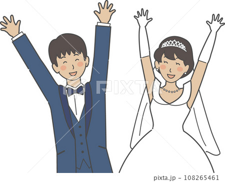 結婚式イラスト、バンザイをして喜ぶ新郎新婦 108265461