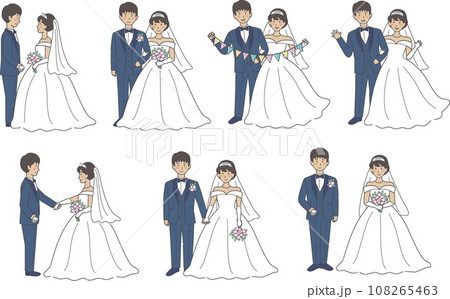 ウェディングドレス、タキシード、新郎新婦、全身、結婚式イラストバリエーションセット 108265463