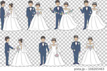 ウェディングドレス、タキシード、新郎新婦、全身、結婚式イラストバリエーションセット 108265463