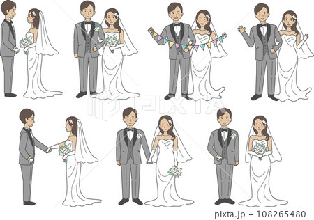 結婚式イラスト、上半身の新郎新婦、表情バリエーションセット 108265480
