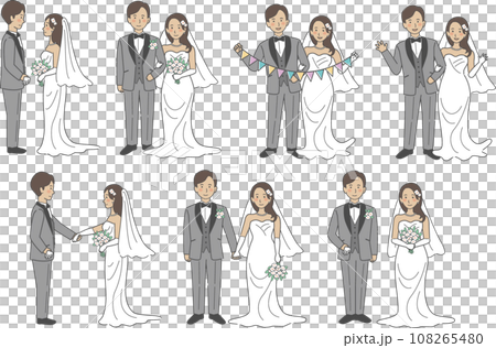 結婚式イラスト、上半身の新郎新婦、表情バリエーションセット 108265480