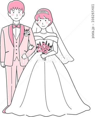 結婚式イラスト、腕を組んで正面を向く新郎新婦 108265481