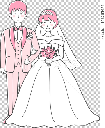 結婚式イラスト、腕を組んで正面を向く新郎新婦 108265481