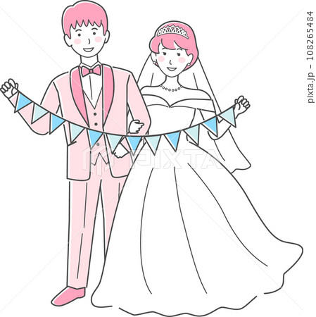 結婚式イラスト、ガーランドを持つ新郎新婦 108265484