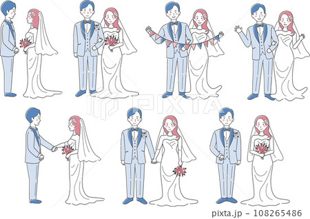 ウェディングドレス、タキシード、新郎新婦、全身、結婚式イラストバリエーションセット 108265486