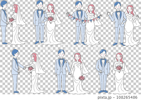 ウェディングドレス、タキシード、新郎新婦、全身、結婚式イラストバリエーションセット 108265486