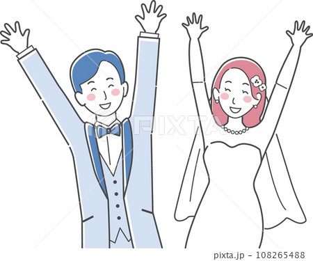 結婚式イラスト、バンザイをして喜ぶ新郎新婦 108265488