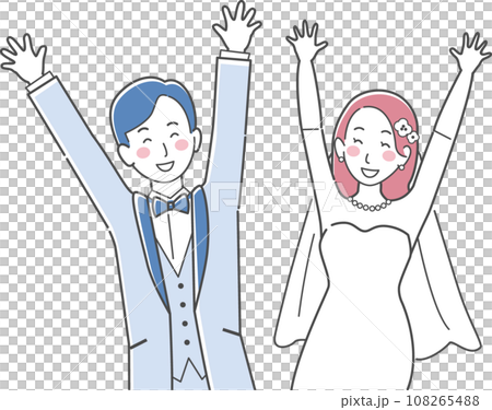 結婚式イラスト、バンザイをして喜ぶ新郎新婦 108265488