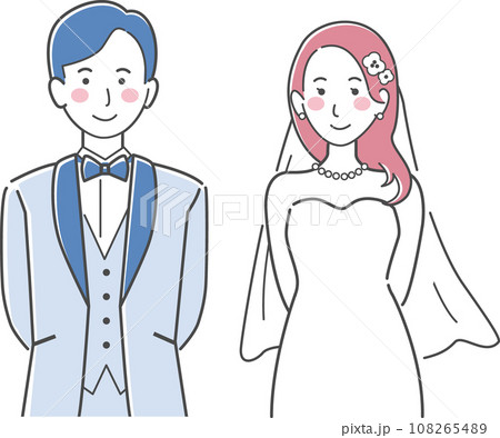 結婚式イラスト、後ろで腕を組む新郎新婦 108265489