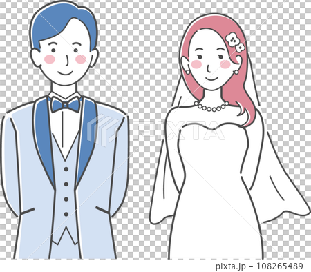結婚式イラスト、後ろで腕を組む新郎新婦 108265489