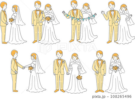 ウェディングドレス、タキシード、新郎新婦、全身、結婚式イラストバリエーションセット 108265496