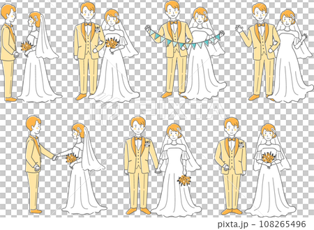 ウェディングドレス、タキシード、新郎新婦、全身、結婚式イラストバリエーションセット 108265496
