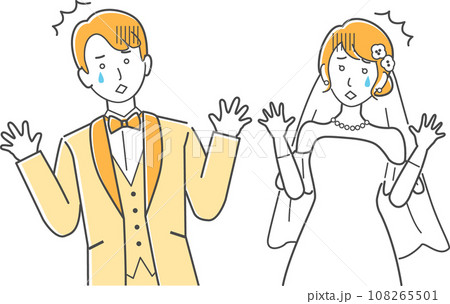 結婚式イラスト、両手を広げて驚愕して悲しむ新郎新婦 結婚式イラスト、両手を広げて驚愕して悲しむ新郎新婦 108265501
