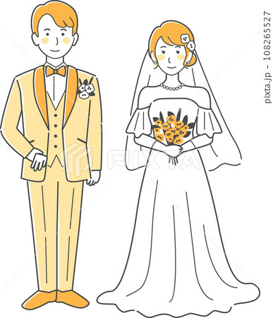 結婚式イラスト、正面を向いて並ぶ新郎新婦 108265527