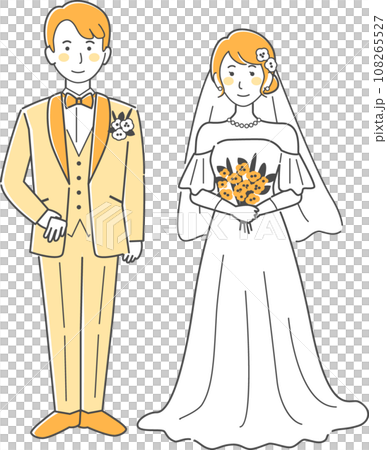 結婚式イラスト、正面を向いて並ぶ新郎新婦 108265527