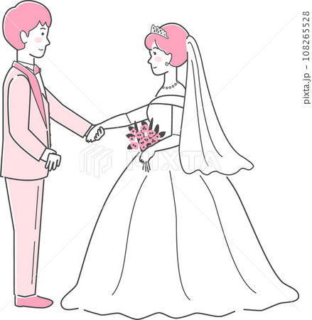 結婚式イラスト、向かい合って手を取る新郎新婦 108265528