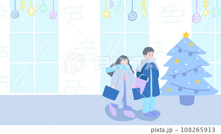 クリスマス、冬服を着て笑顔でショーウィンドウの前を歩く男女カップル、かわいい手描きイラスト クリスマス、冬服を着て笑顔でショーウィンドウの前を歩く男女カップル、かわいい手描きイラスト 108265913