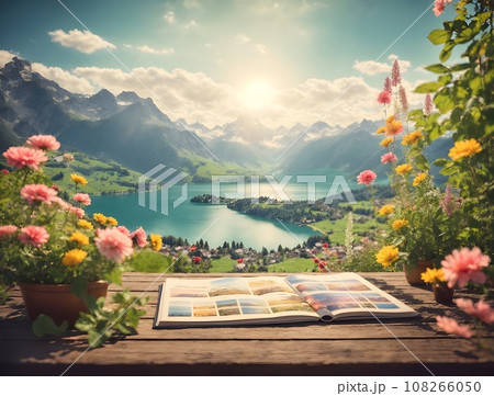 Garden bench facing lake view background with sunlight. Garden bench facing lake view background with sunlight. 108266050