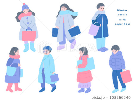冬服を着て笑顔で歩く人々、家族、テクスチャのあるかわいい手描きイラストセット 108266340