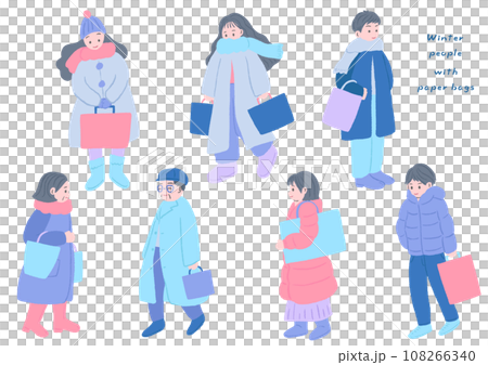 冬服を着て笑顔で歩く人々、家族、テクスチャのあるかわいい手描きイラストセット 108266340