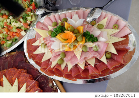 Classic Croatian starter plate with Fine Croatian sliced salami and cheese 108267011