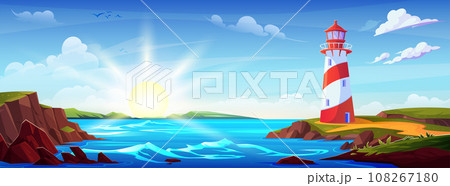 Lighthouse on sea coast in island landscape vector Lighthouse on sea coast in island landscape vector 108267180