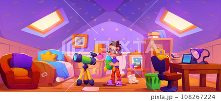 Boy in attic child bedroom interior with telescope 108267224