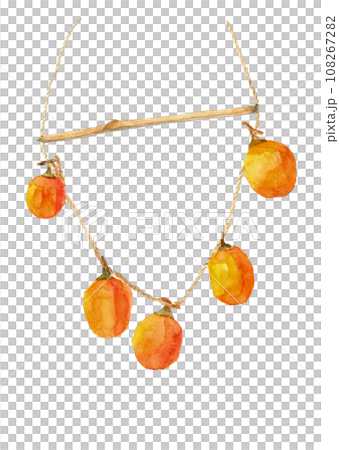 沐浴在陽光下的掛柿子（乾柿子）手繪水彩插圖，秋天傳統，白色背景 108267282