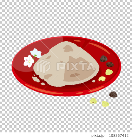 Buckwheat flour, buckwheat flowers and fruit on a plate 108267412