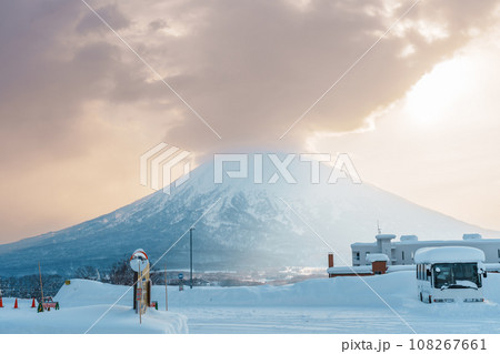 Beautiful Yotei Mountain with Snow in winter season at Niseko. landmark and popular for Ski and Snowboarding tourists attractions in Hokkaido, Japan. Travel and Vacation concept 108267661