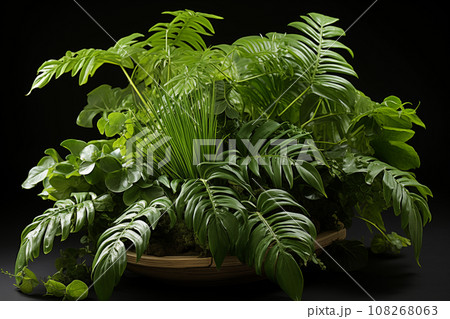 Philodendron in terracotta pot isolated on black background. Philodendron in terracotta pot isolated on black background. 108268063