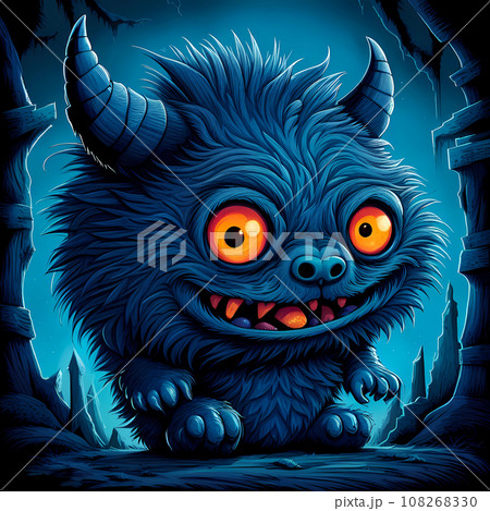 Cute furry blue monster cartoon with big eyes and big teeth. 108268330