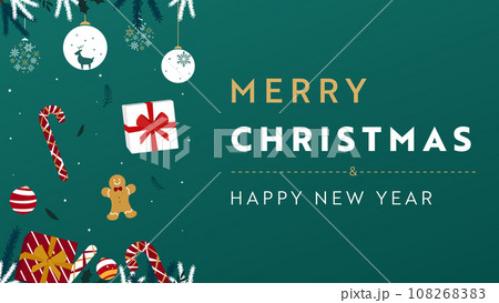 プレゼントやオーナメント、ジンジャーブレッドマンで飾られたクリスマス背景テンプレート（緑） 108268383