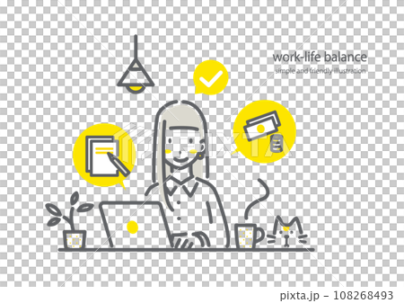 A woman working from home without stress - simple and stylish line drawing illustration 108268493