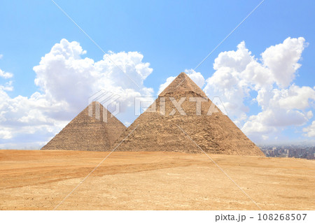 Famous Great Pyramids of Chephren and Cheops, Cairo, Egypt. Two of the three Great Pyramids, Giza pyramid complex (Giza Necropolis) 108268507