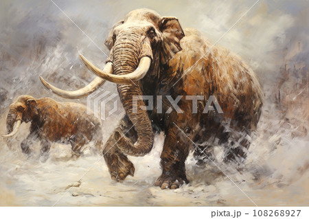 Image of a mammoth with long and large tusks., Wildlife., Ancient animals. Image of a mammoth with long and large tusks., Wildlife., Ancient animals. 108268927
