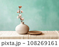 Beige ceramic vases with dry cotton branches. Stylish and minimalistic background for display your products in living room. Scandinavian interior. Modern home decor. Copy space. 108269161